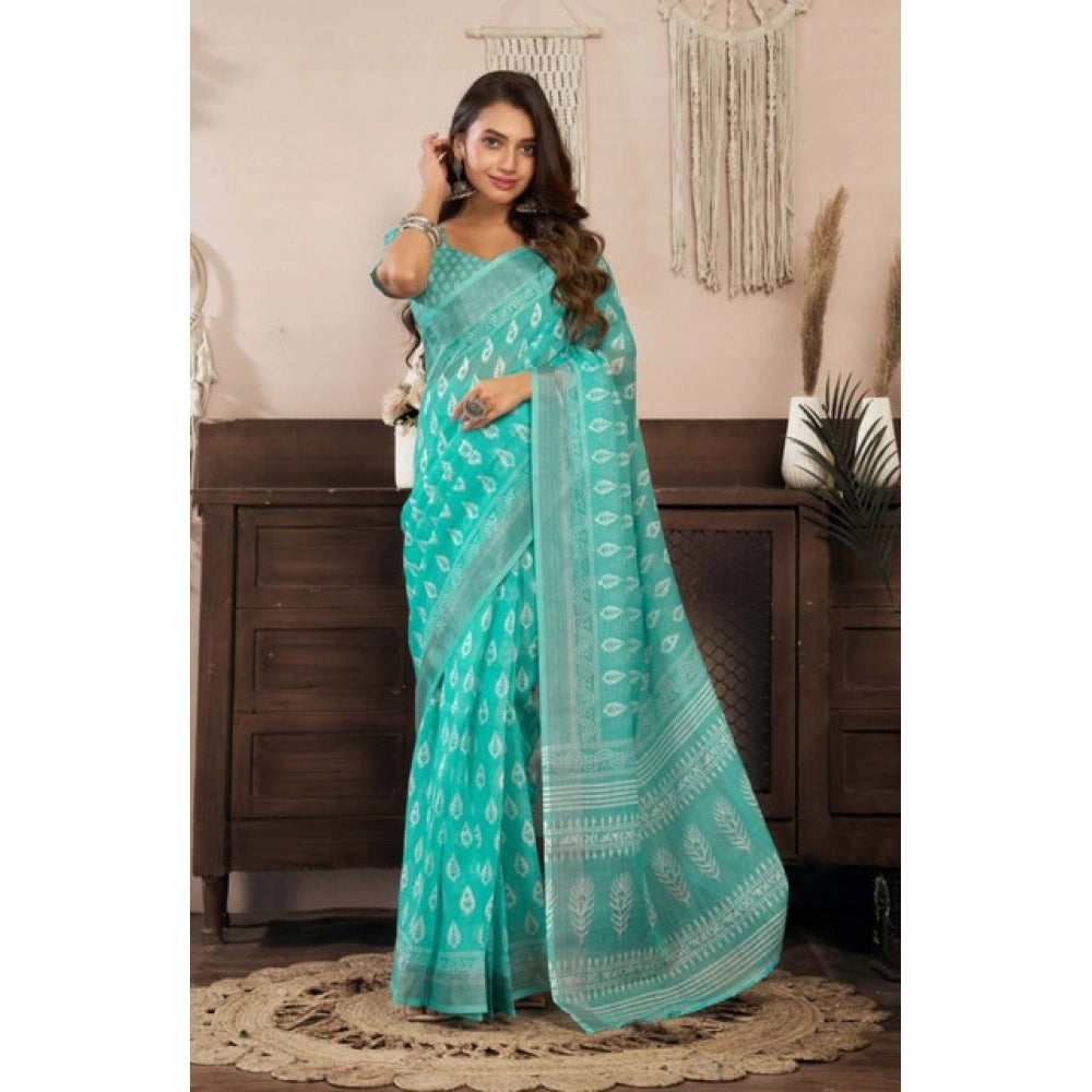 Retro Women's Faux Linen Leaf Print Ready to wear Saree With Blouse Piece