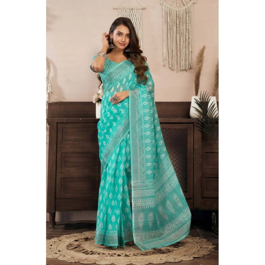 Retro Women's Faux Linen Leaf Print Ready to wear Saree With Blouse Piece