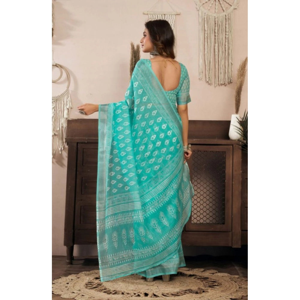 Retro Women's Faux Linen Leaf Print Ready to wear Saree With Blouse Piece