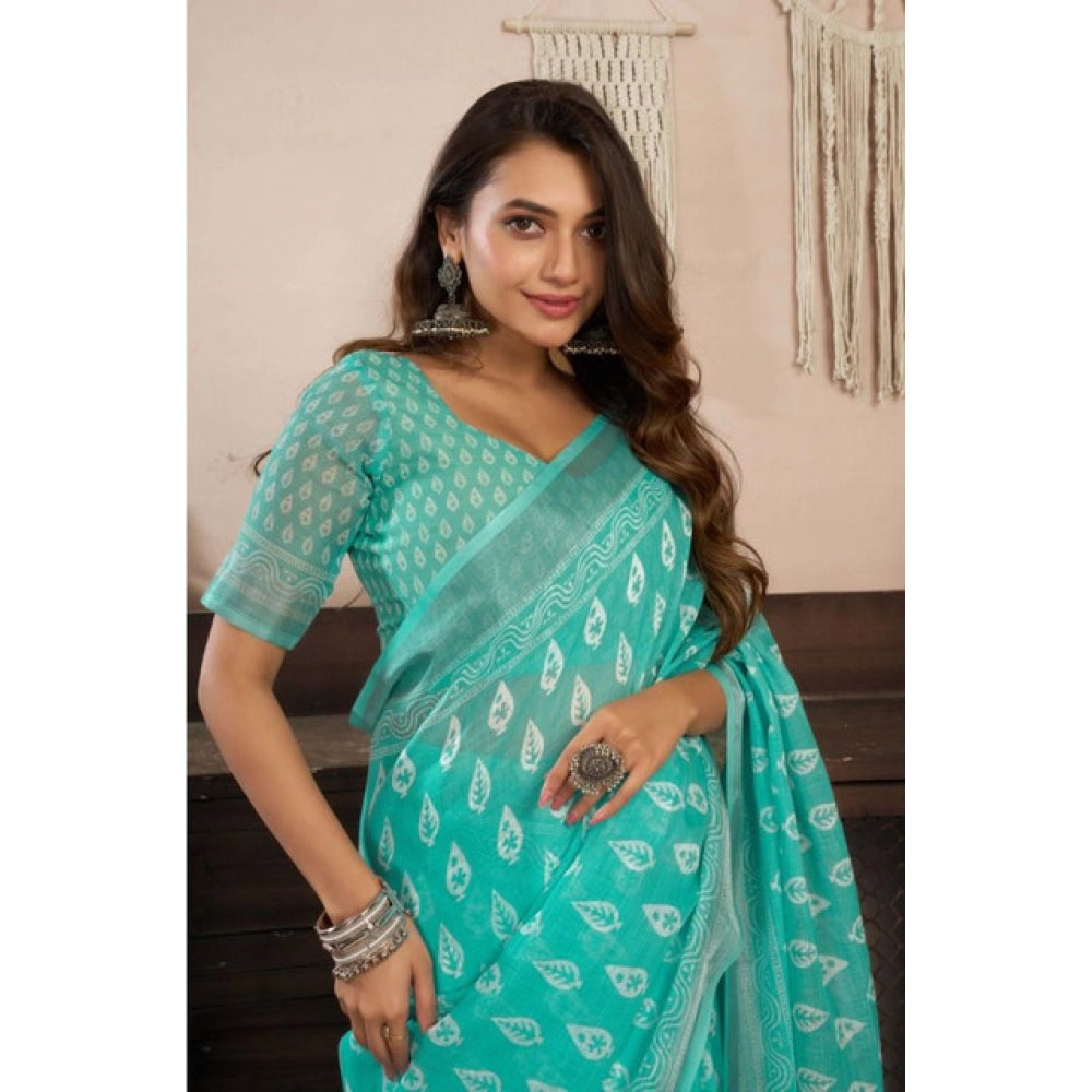 Retro Women's Faux Linen Leaf Print Ready to wear Saree With Blouse Piece