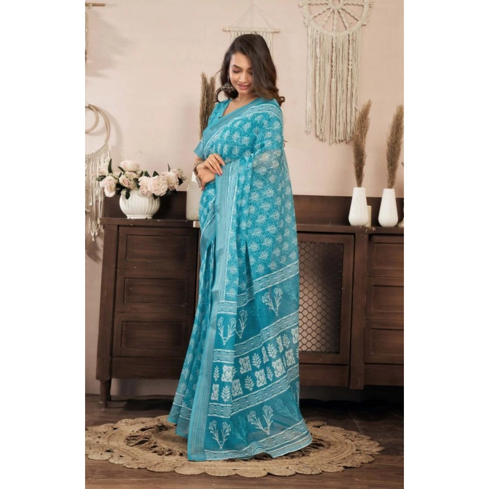 Retro Women's Faux Linen Floral Print Ready to wear Saree With Blouse Piece
