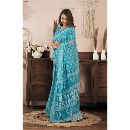 Retro Women's Faux Linen Floral Print Ready to wear Saree With Blouse Piece