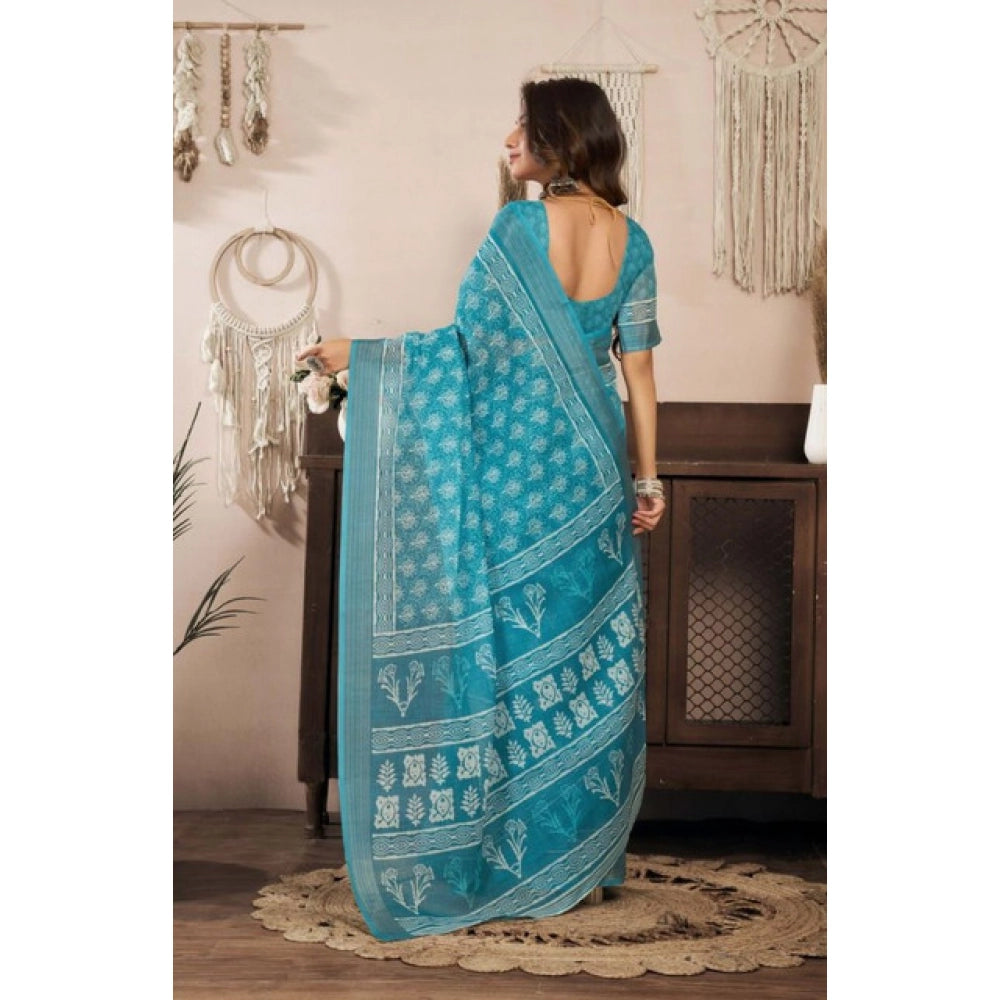 Retro Women's Faux Linen Floral Print Ready to wear Saree With Blouse Piece
