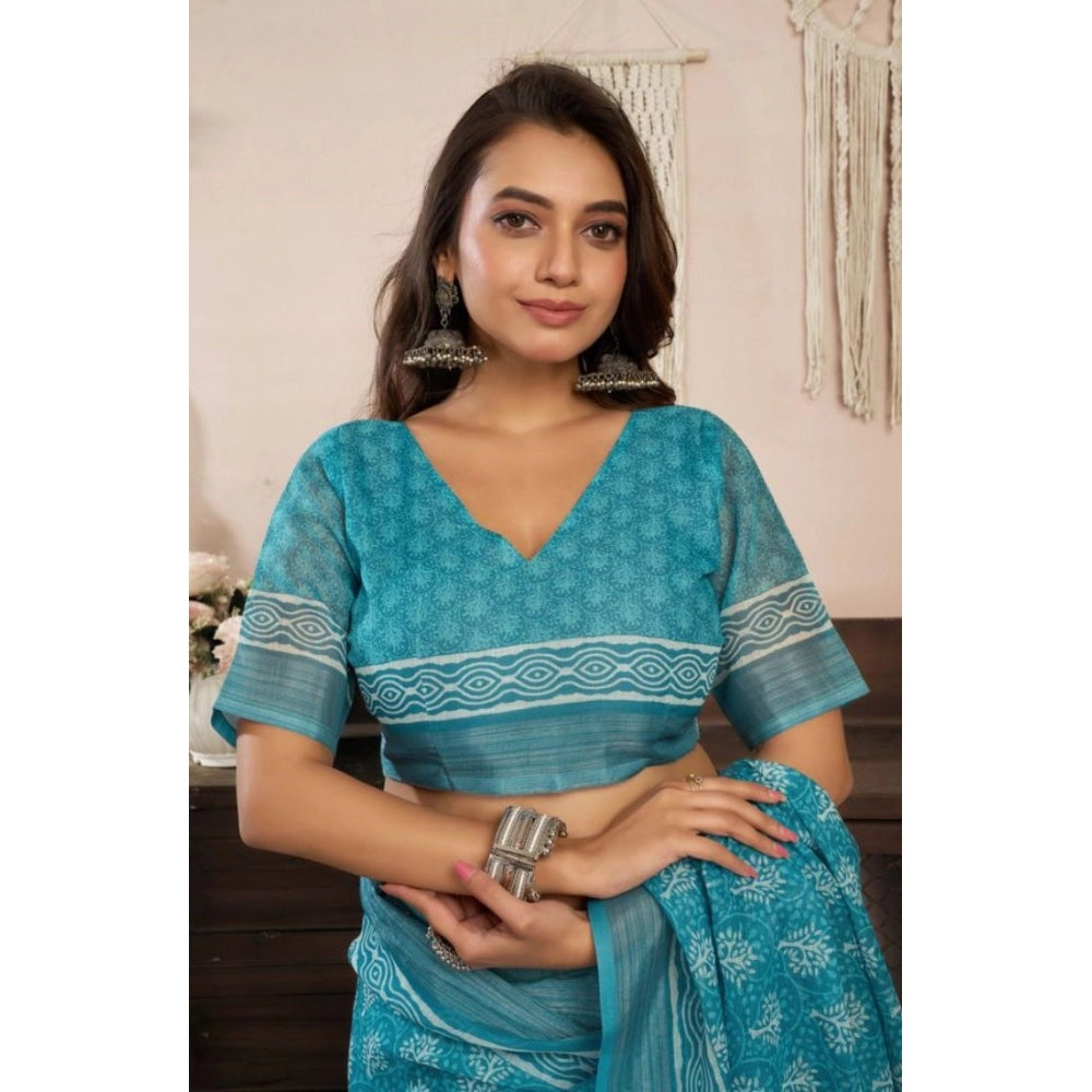 Retro Women's Faux Linen Floral Print Ready to wear Saree With Blouse Piece