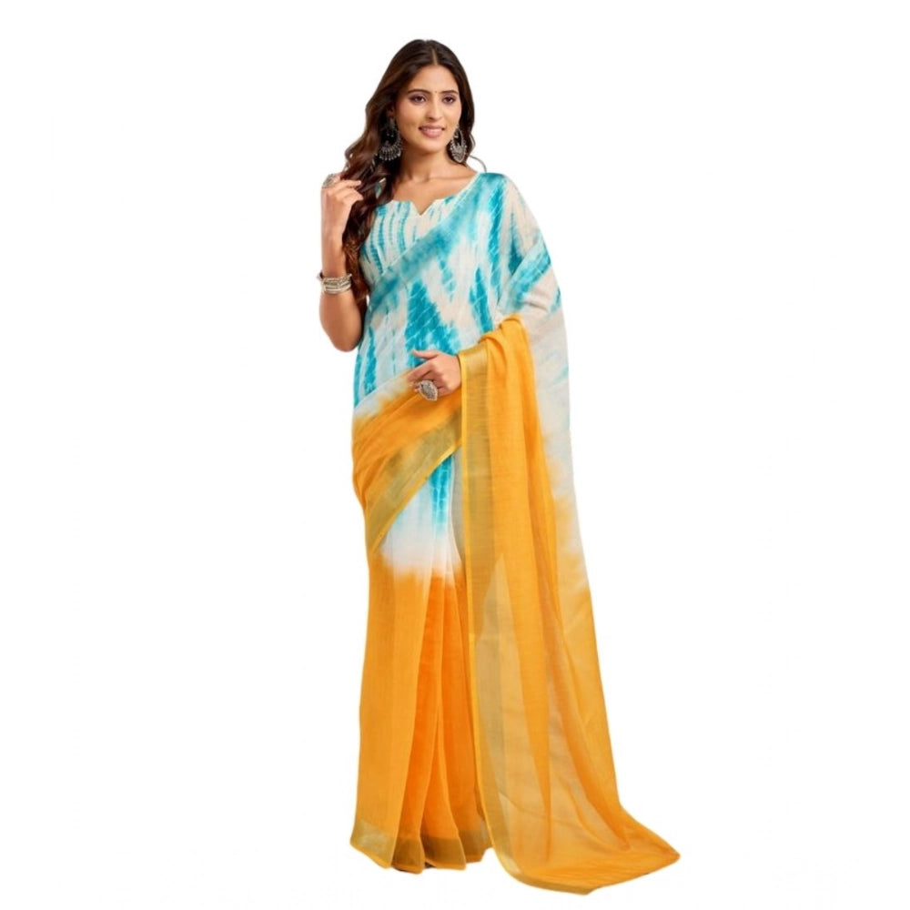 Retro Women's Faux Linen Abstract Print Ready to wear Saree With Blouse Piece