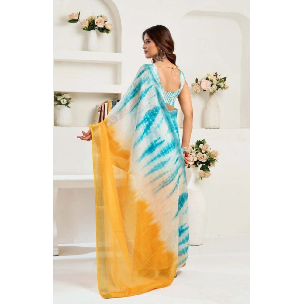 Retro Women's Faux Linen Abstract Print Ready to wear Saree With Blouse Piece