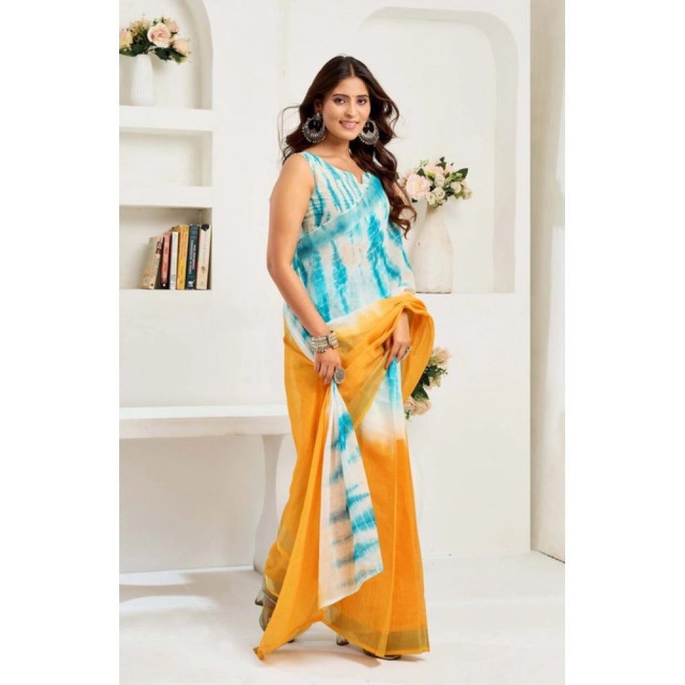 Retro Women's Faux Linen Abstract Print Ready to wear Saree With Blouse Piece