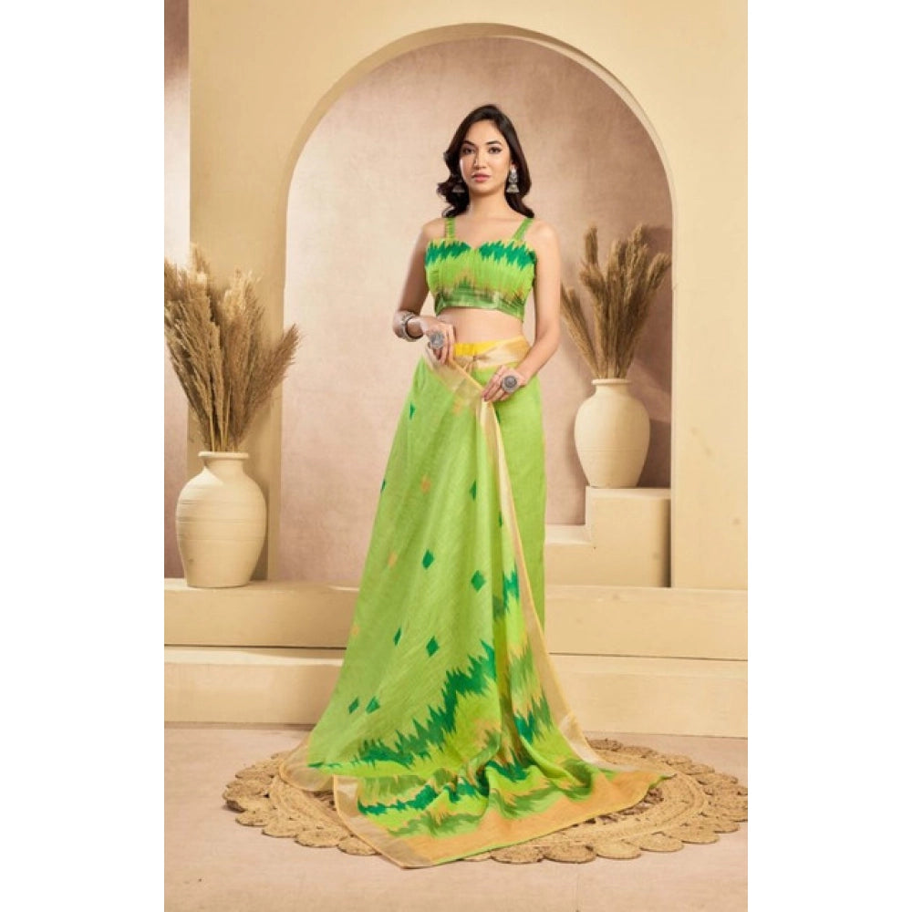 Feminine Women's Faux Linen Floral Print Ready to wear Saree With Blouse Piece