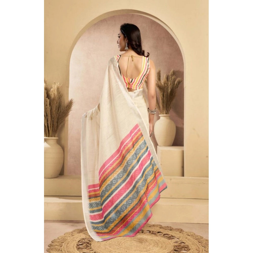 Feminine Women's Faux Linen Floral Print Ready to wear Saree With Blouse Piece