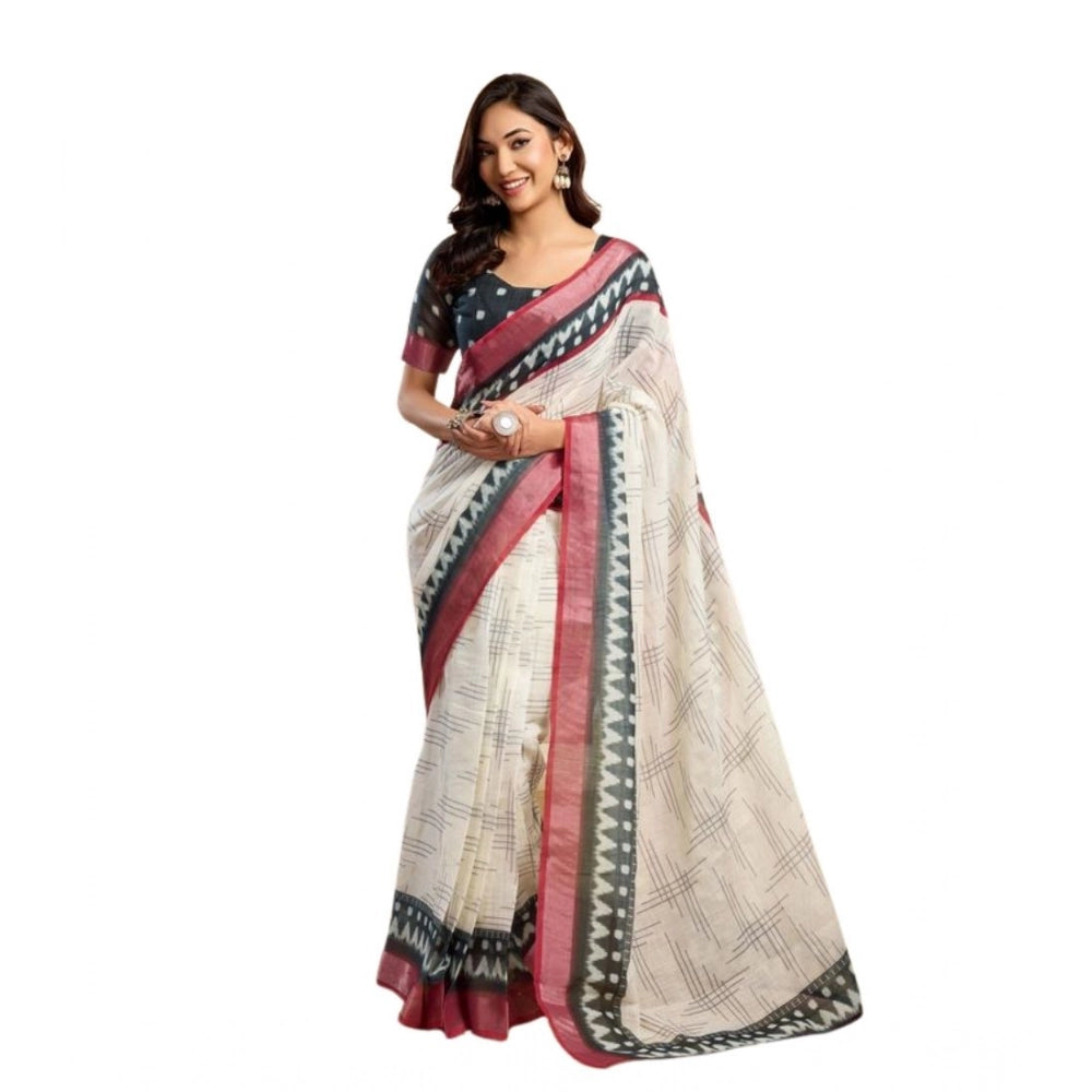 Feminine Women's Faux Linen Floral Print Ready to wear Saree With Blouse Piece