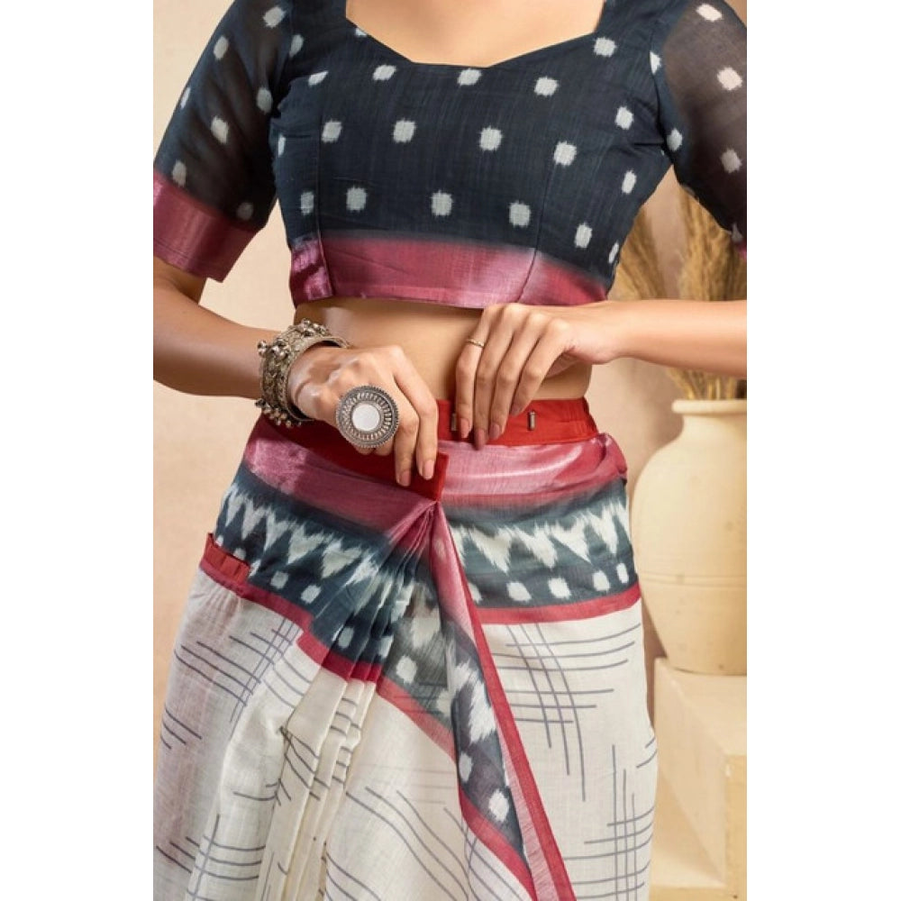 Feminine Women's Faux Linen Floral Print Ready to wear Saree With Blouse Piece