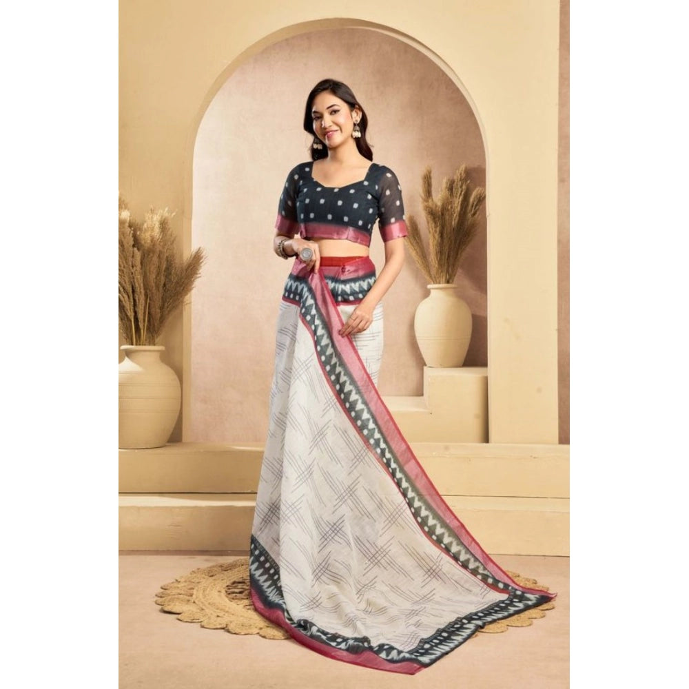 Feminine Women's Faux Linen Floral Print Ready to wear Saree With Blouse Piece