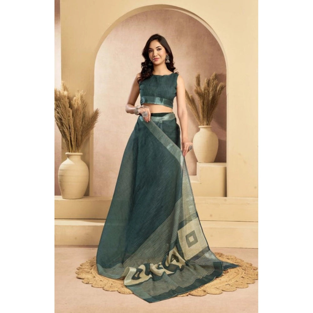 Feminine Women's Faux Linen Floral Ready to wear Saree With Blouse Piece