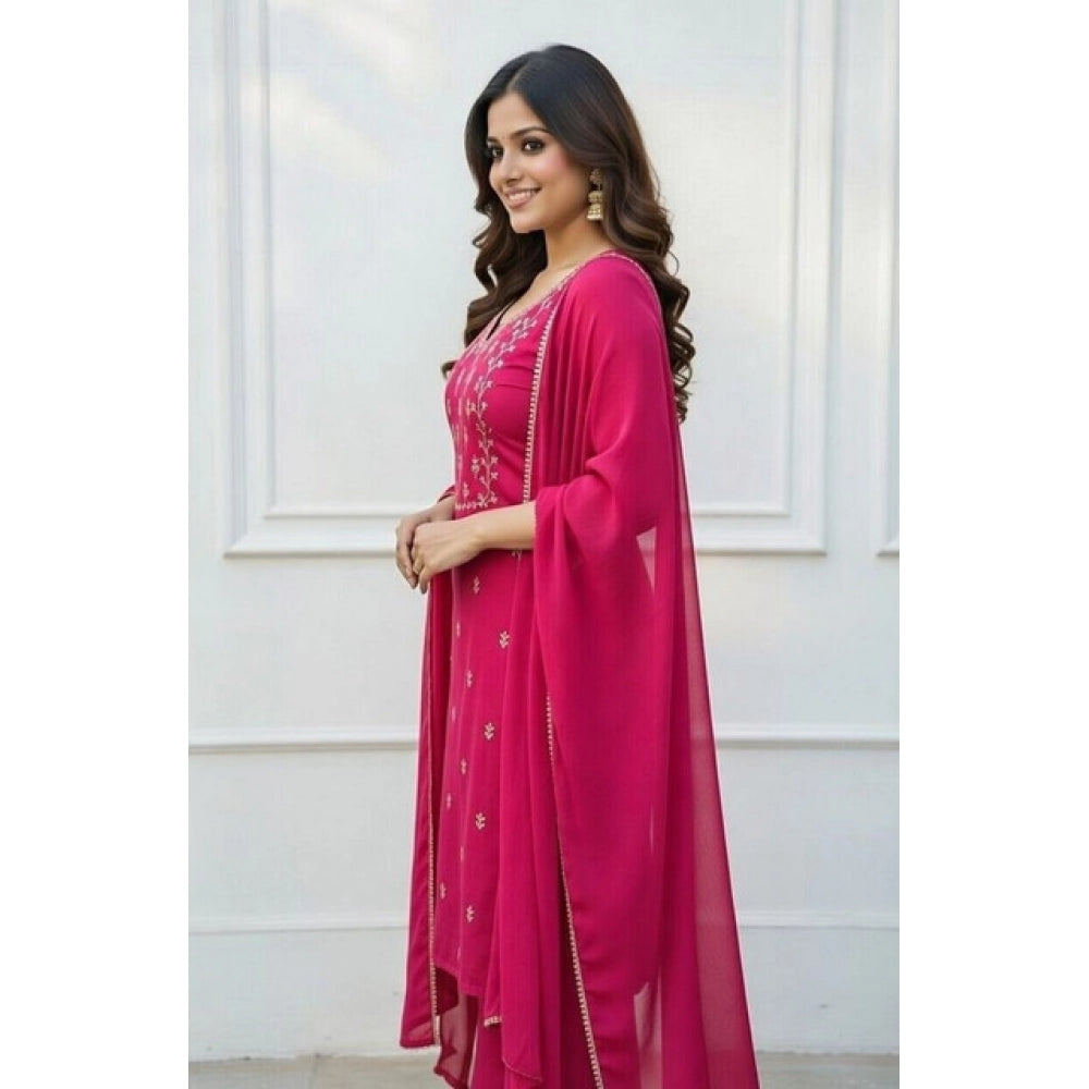 Snazzy Women's Georgette Ethnic Motif Round 3/4th Sleeve Kurti With Pant Dupatta Set