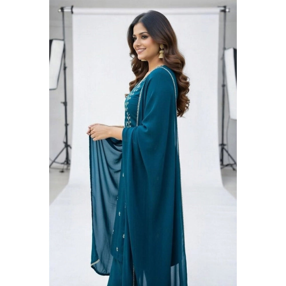Snazzy Women's Georgette Ethnic Motif Round 3/4th Sleeve Kurti With Pant Dupatta Set