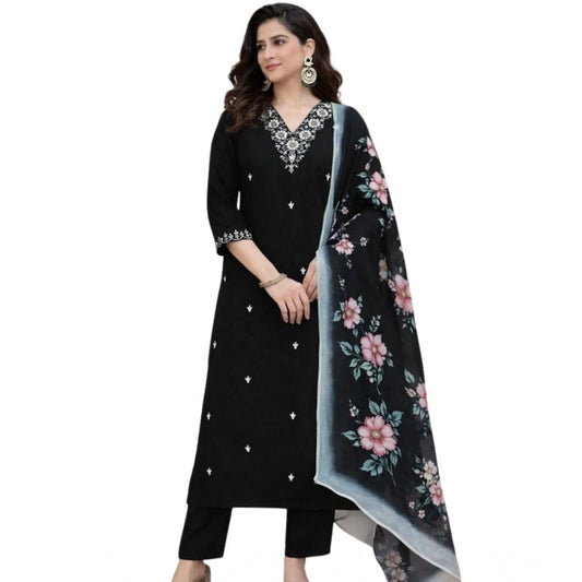 Glamorous Women's Chanderi Silk Ethnic Motif V-Neck 3/4th Sleeve Kurti With Pant Dupatta Set