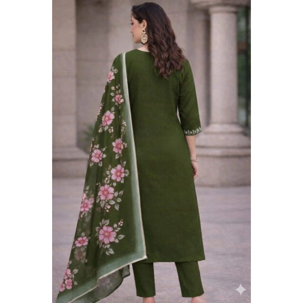 Glamorous Women's Chanderi Silk Ethnic Motif V-Neck 3/4th Sleeve Kurti With Pant Dupatta Set