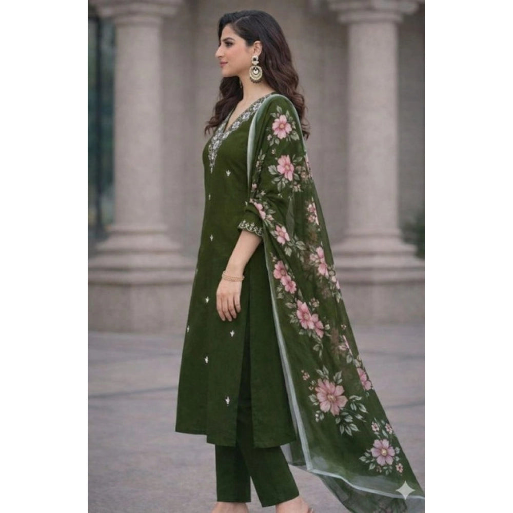 Glamorous Women's Chanderi Silk Ethnic Motif V-Neck 3/4th Sleeve Kurti With Pant Dupatta Set