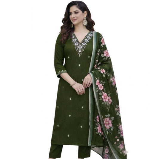 Glamorous Women's Chanderi Silk Ethnic Motif V-Neck 3/4th Sleeve Kurti With Pant Dupatta Set