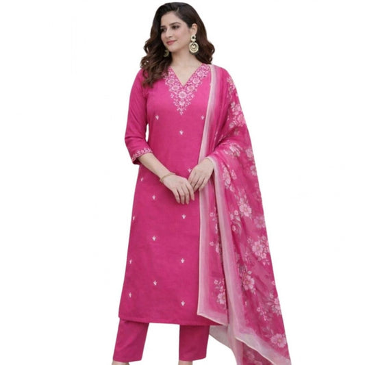 Glamorous Women's Chanderi Silk Ethnic Motif V-Neck 3/4th Sleeve Kurti With Pant Dupatta Set