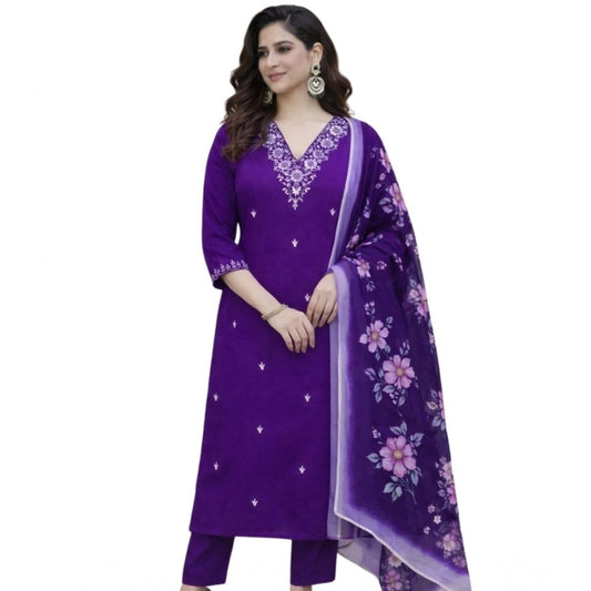 Glamorous Women's Chanderi Silk Ethnic Motif V-Neck 3/4th Sleeve Kurti With Pant Dupatta Set