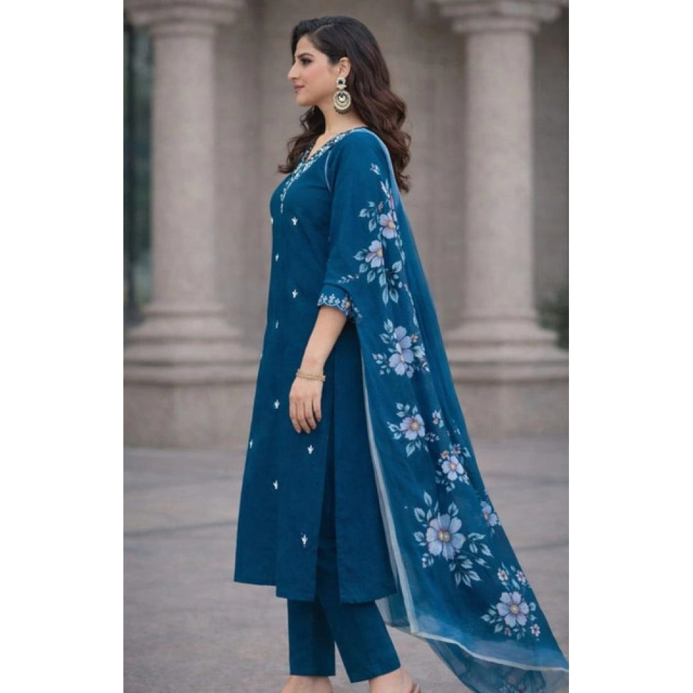 Glamorous Women's Chanderi Silk Ethnic Motif V-Neck 3/4th Sleeve Kurti With Pant Dupatta Set