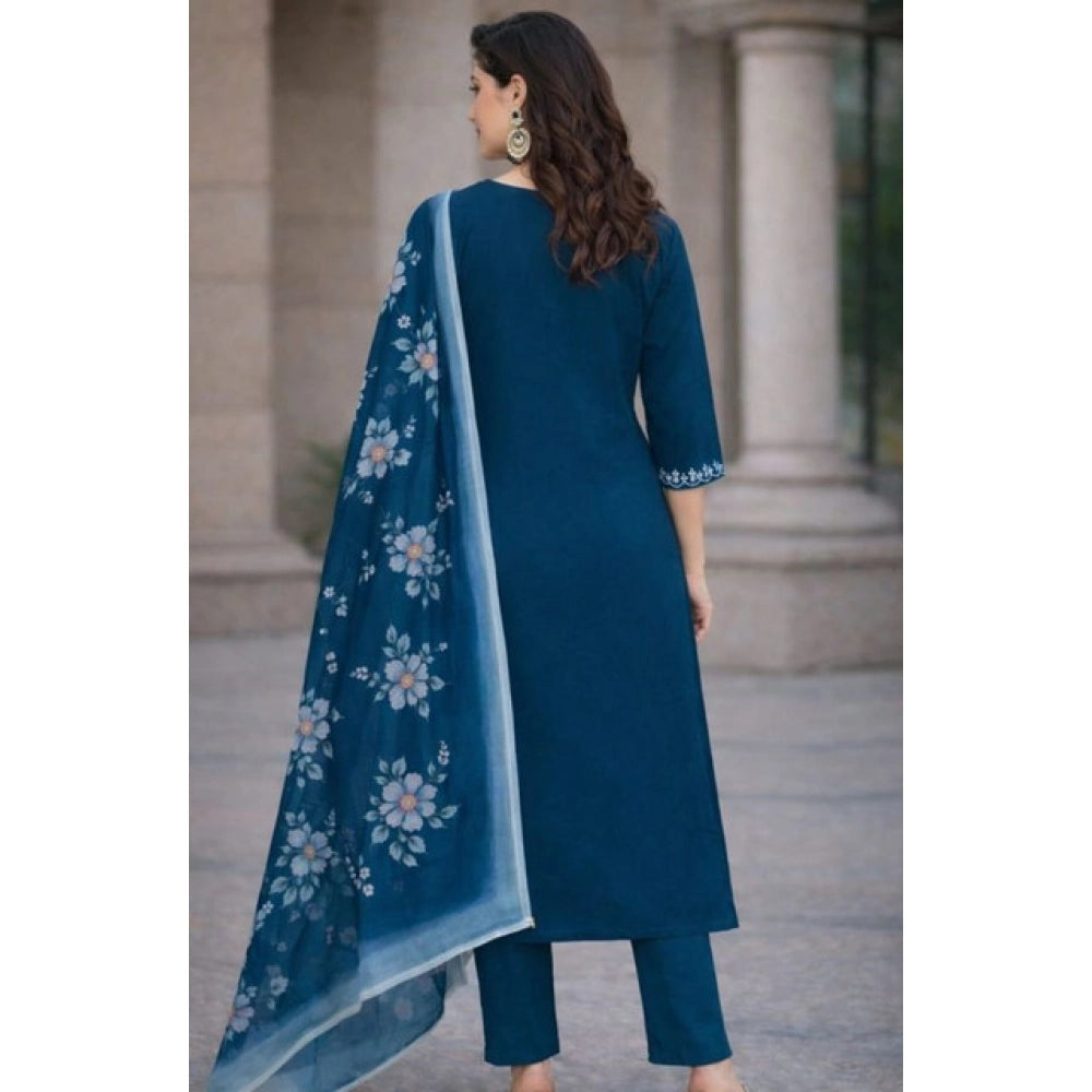 Glamorous Women's Chanderi Silk Ethnic Motif V-Neck 3/4th Sleeve Kurti With Pant Dupatta Set