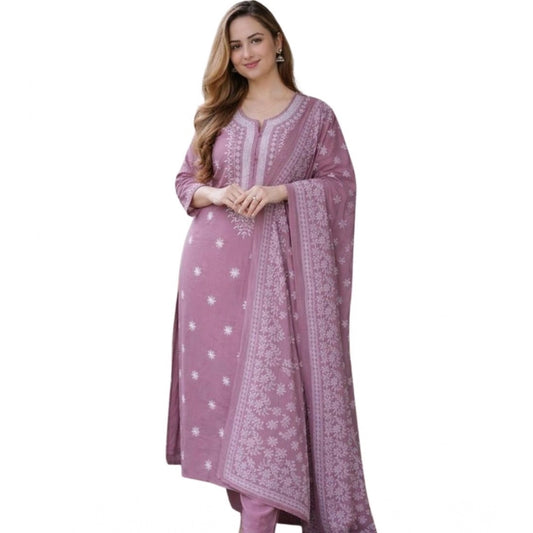 Glamorous Women's Chanderi Silk Ethnic Motif Round 3/4th Sleeve Kurti With Pant Dupatta Set