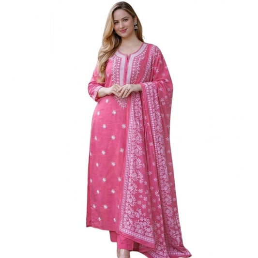 Glamorous Women's Chanderi Silk Ethnic Motif Round 3/4th Sleeve Kurti With Pant Dupatta Set