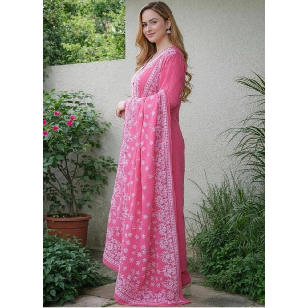 Glamorous Women's Chanderi Silk Ethnic Motif Round 3/4th Sleeve Kurti With Pant Dupatta Set