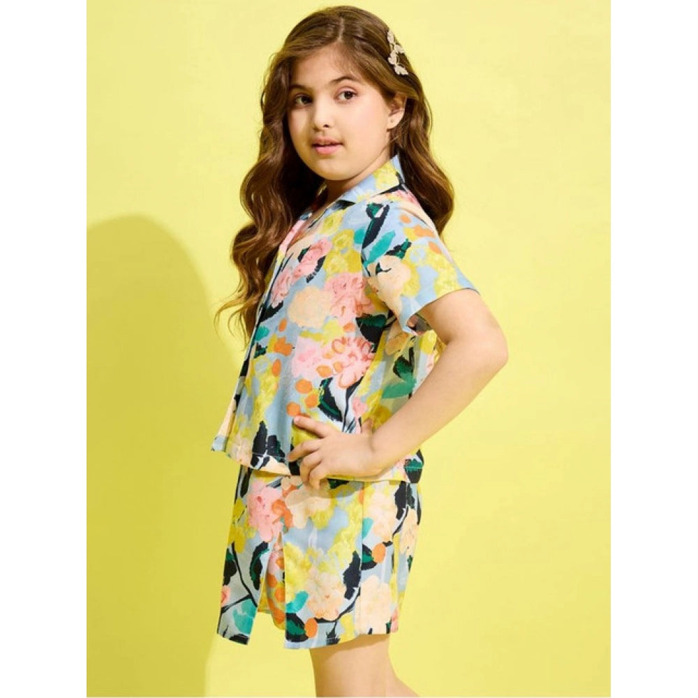 Funky Girl's Polyester Cotton Blend Pattern-Floral Short Sleeves Skorts Set