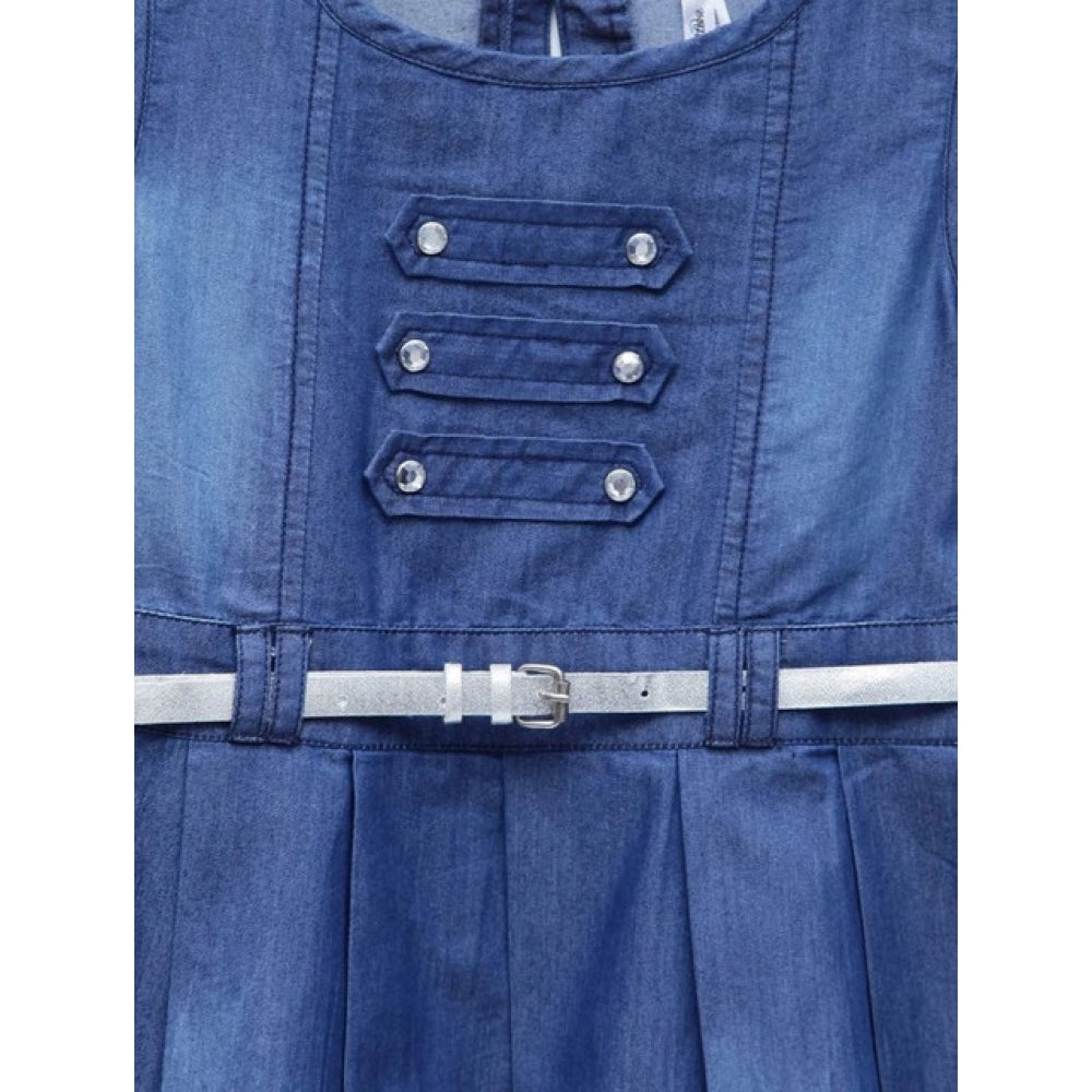 Elite Girl's Denim Embellished Sleeveless Dress with Belt