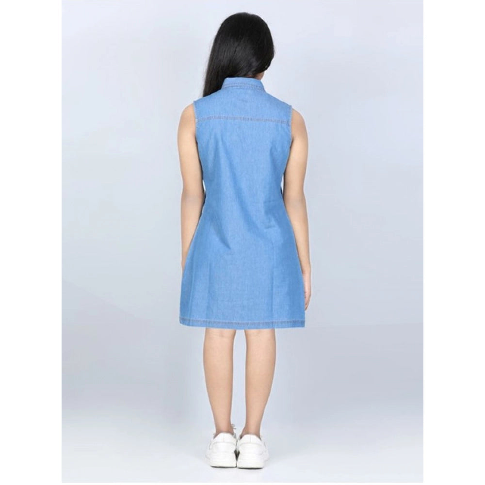 Funky Girl's Denim Solid Cold Shoulder Dress
