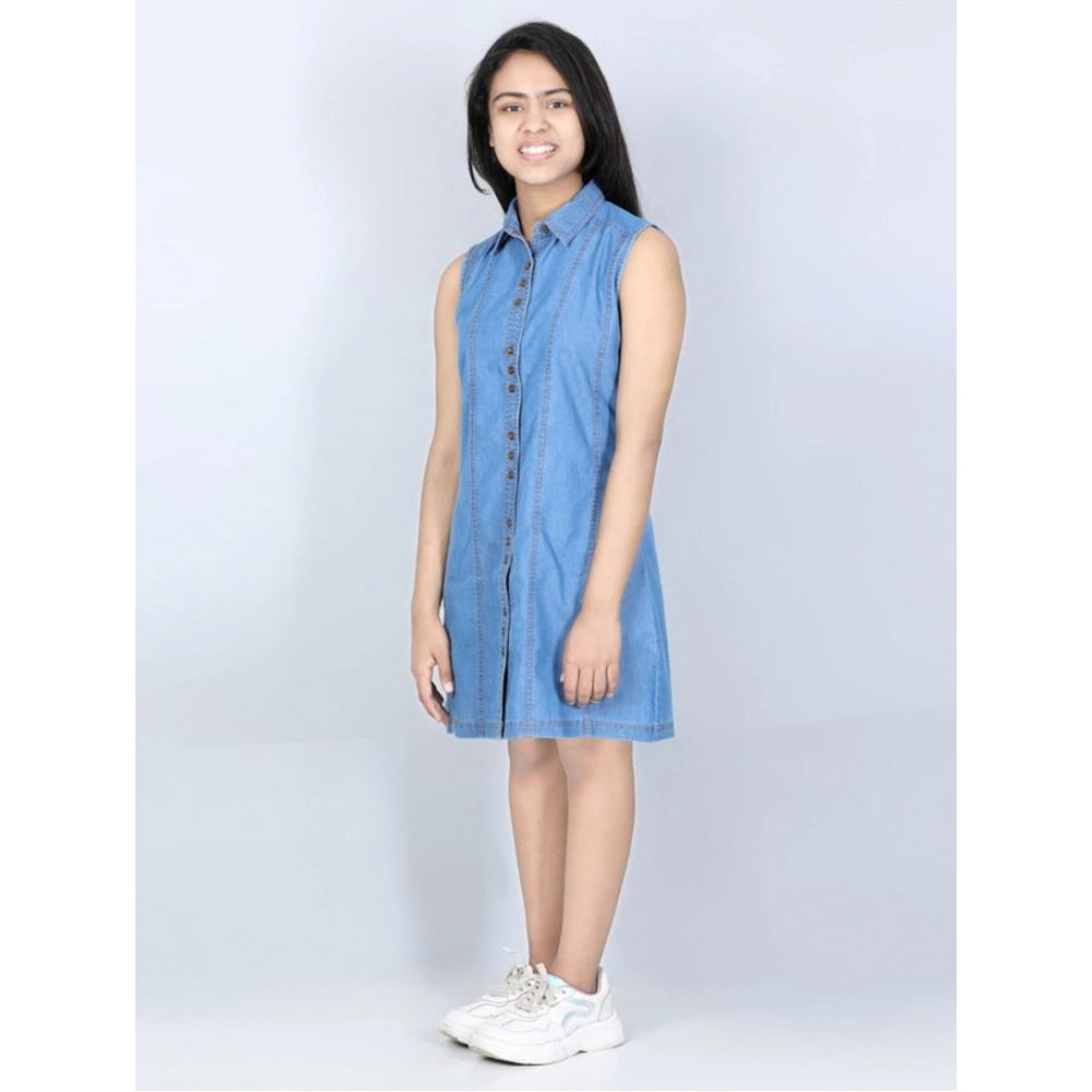 Funky Girl's Denim Solid Cold Shoulder Dress