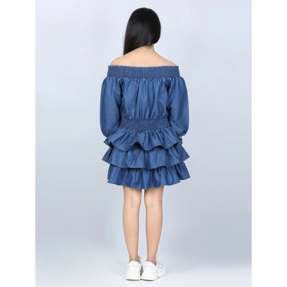 Sophisticated Girl's Denim Solid Off Shoulder Dress