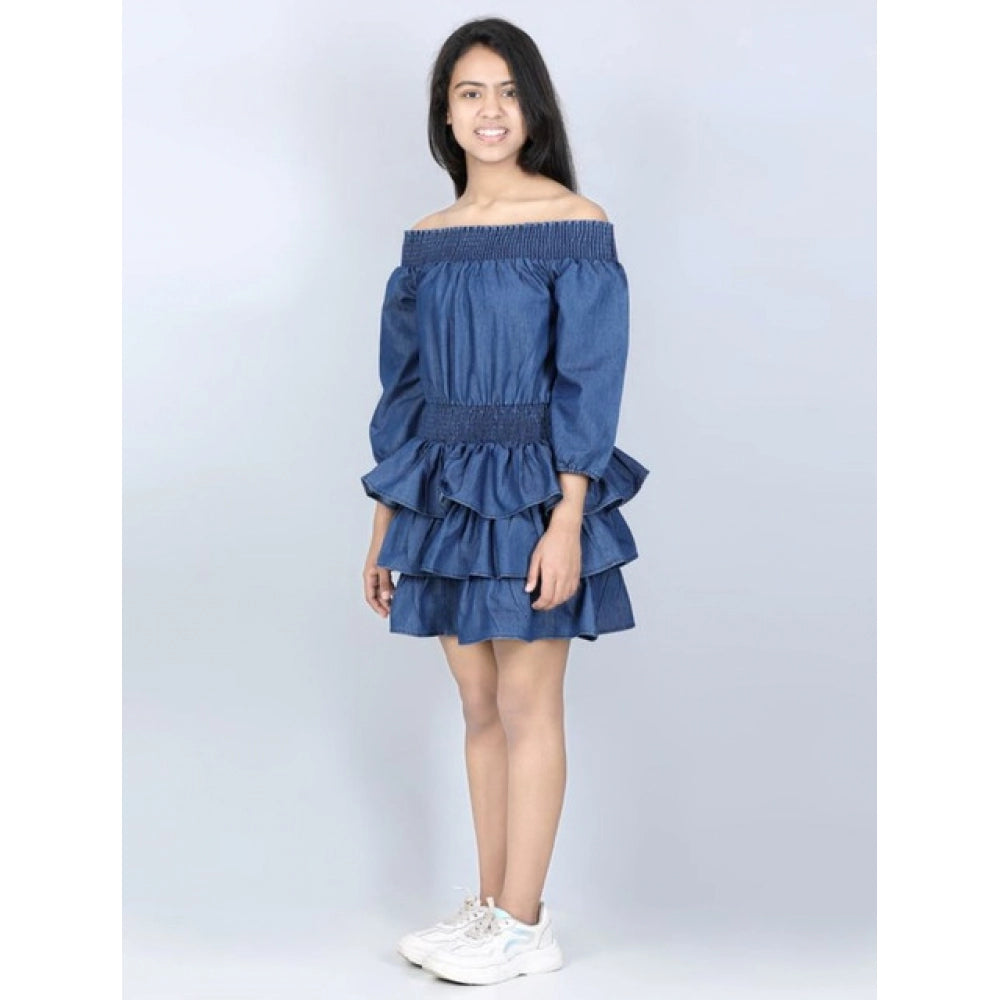 Sophisticated Girl's Denim Solid Off Shoulder Dress