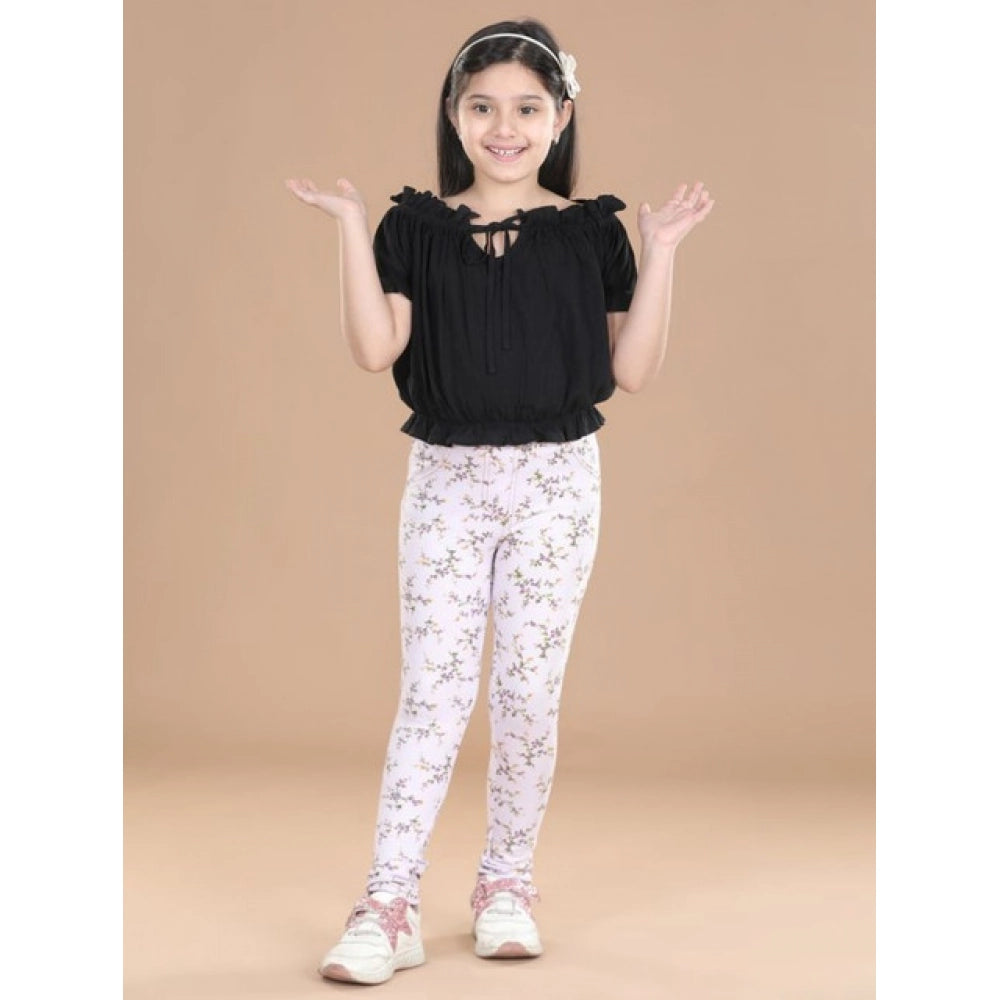 Comfy Girl's Cotton Lycra Floral Elasticated Jeggings