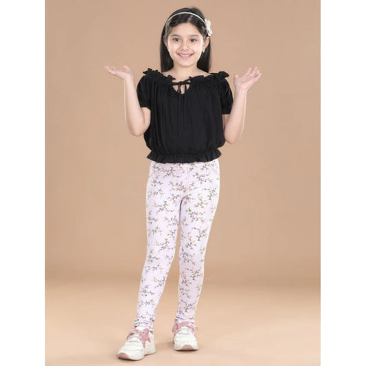 Comfy Girl's Cotton Lycra Floral Elasticated Jeggings