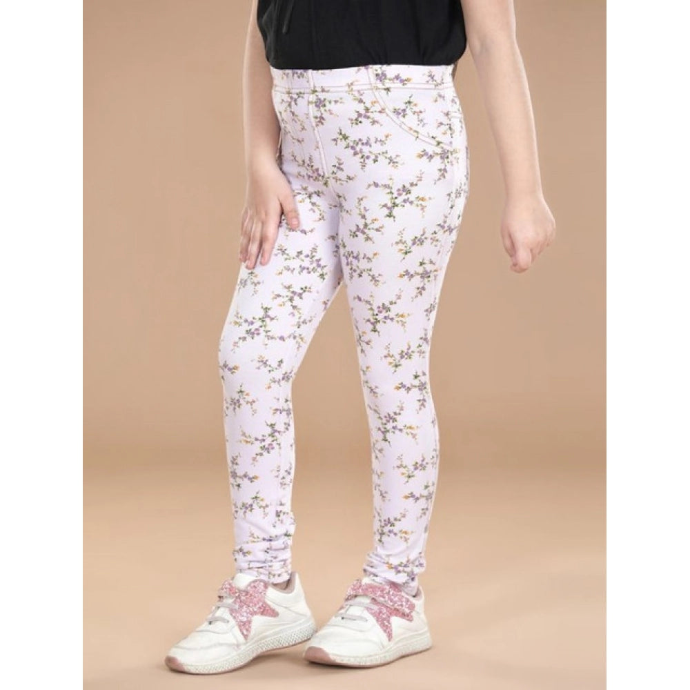 Comfy Girl's Cotton Lycra Floral Elasticated Jeggings
