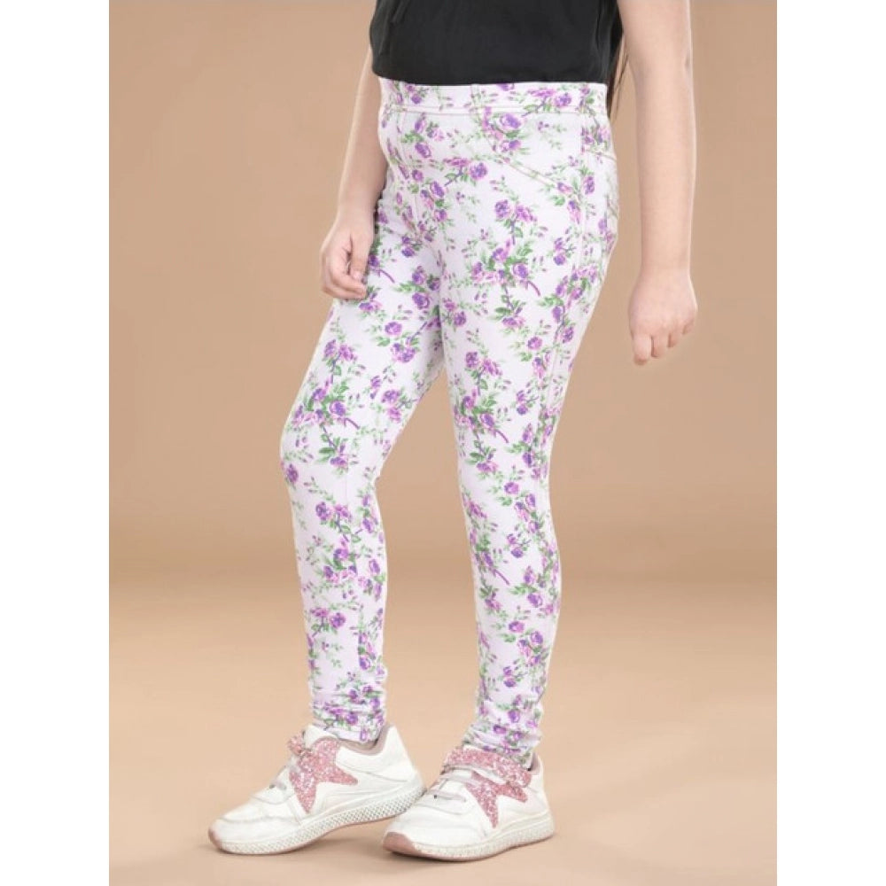 Comfy Girl's Cotton Lycra Floral Elasticated Jeggings