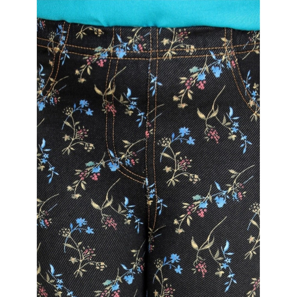 Comfy Girl's Cotton Lycra Floral Elasticated Jeggings