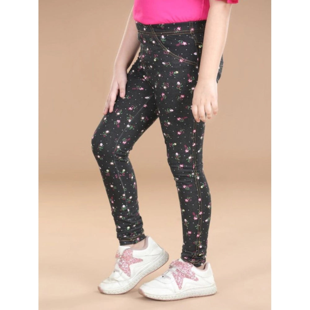 Comfy Girl's Cotton Lycra Floral Elasticated Jeggings