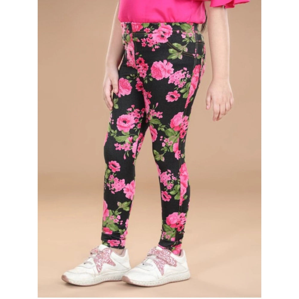Comfy Girl's Cotton Lycra Floral Elasticated Jeggings
