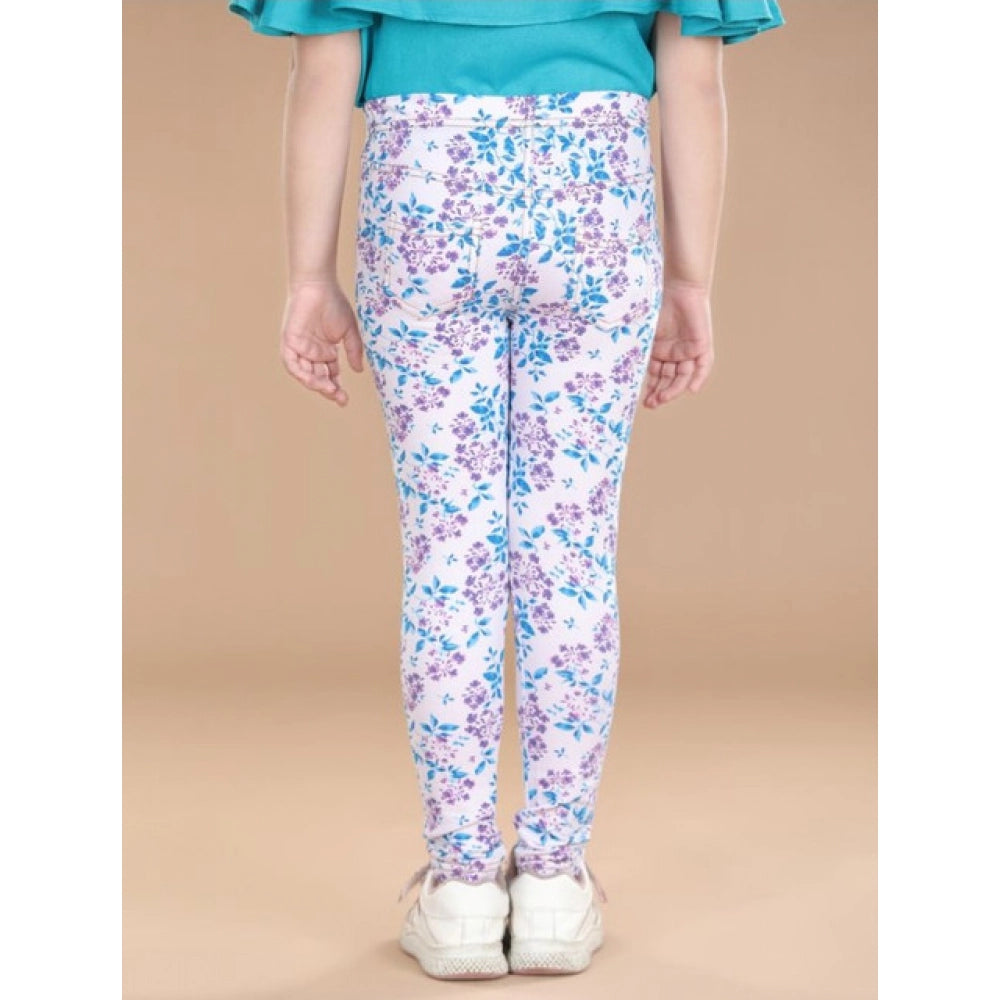 Comfy Girl's Cotton Lycra Floral Elasticated Jeggings