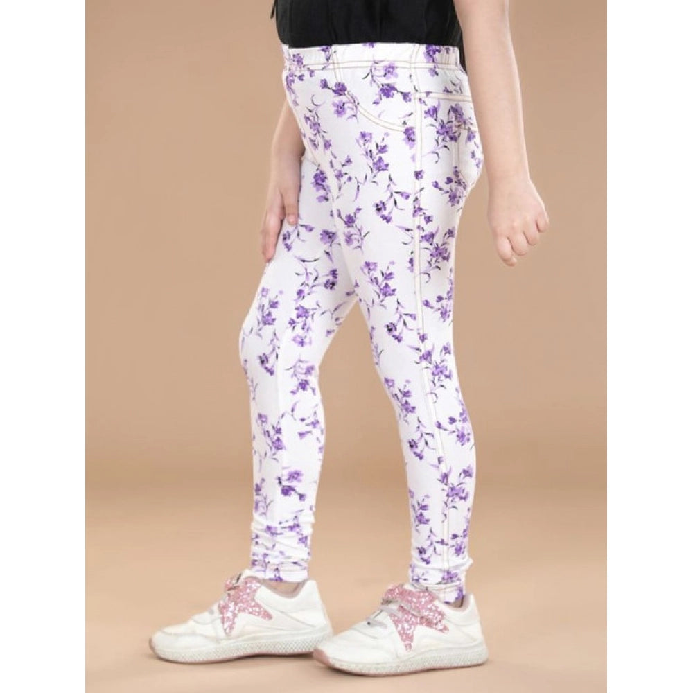 Comfy Girl's Cotton Lycra Floral Elasticated Jeggings