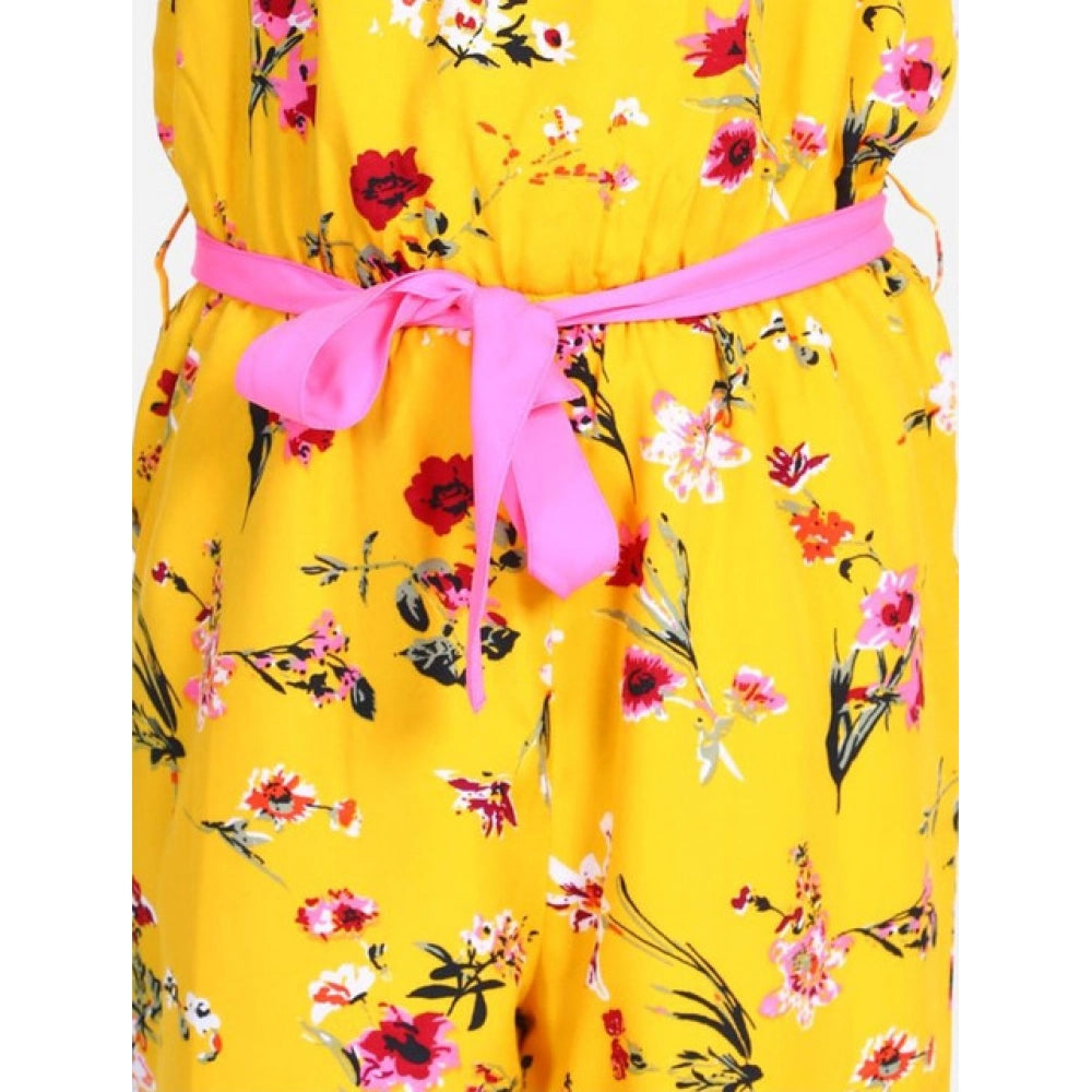 Classic Girl's Polyester Crepe Floral Shoulder Straps Jumpsuit