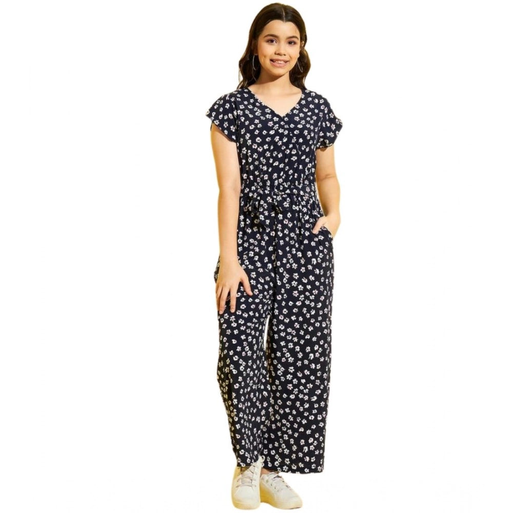 Sophisticated Girl's Polyester Moss Floral Short Sleeves Jumpsuit