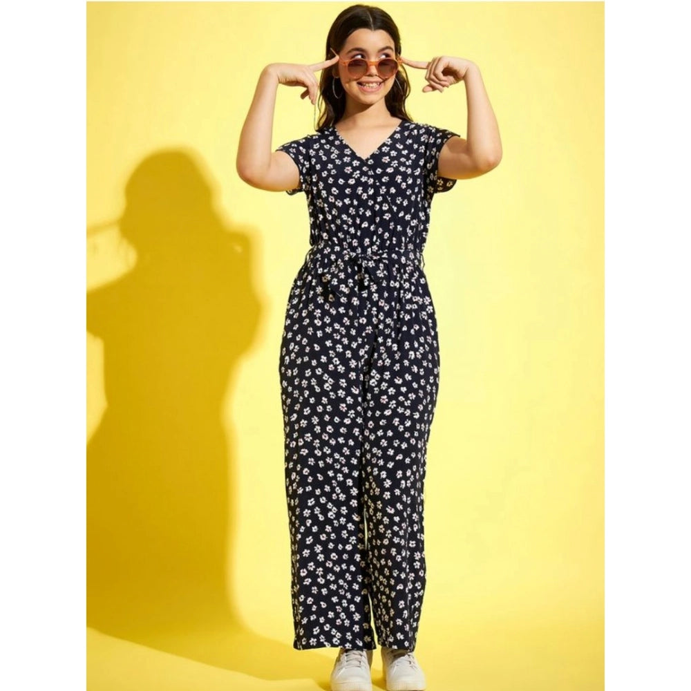 Sophisticated Girl's Polyester Moss Floral Short Sleeves Jumpsuit