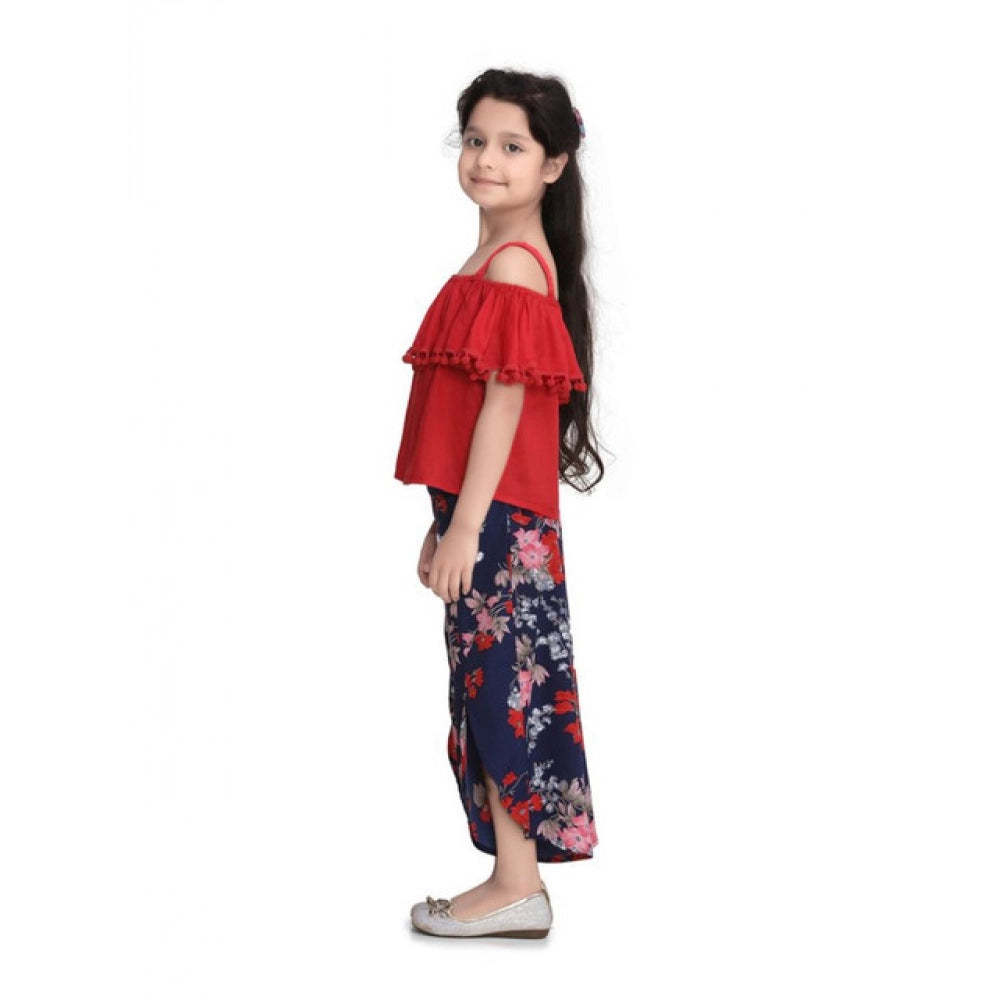 Funky Girl's Rayon Crepe Printed Cold Shoulder Top and Pants Set