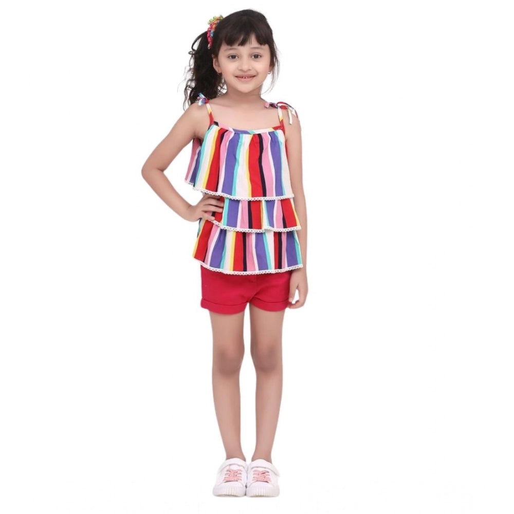 Exquisite Girl's Polyester Crepe Striped Tie Ups Shorts Set